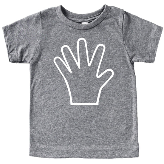 Young child wearing a gray 5th birthday graphic tee with hand design