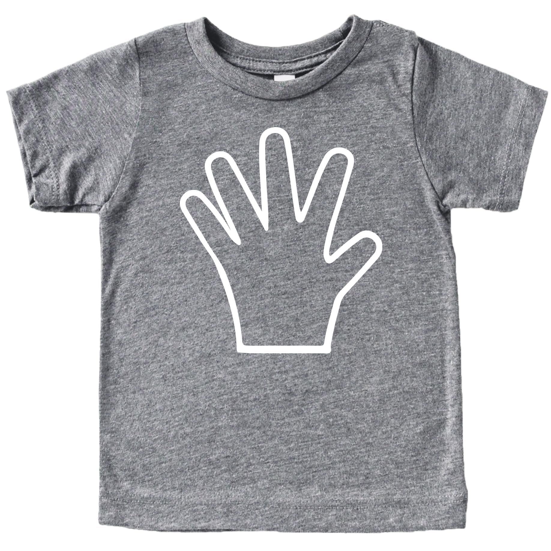 Young child wearing a gray 5th birthday graphic tee with hand design