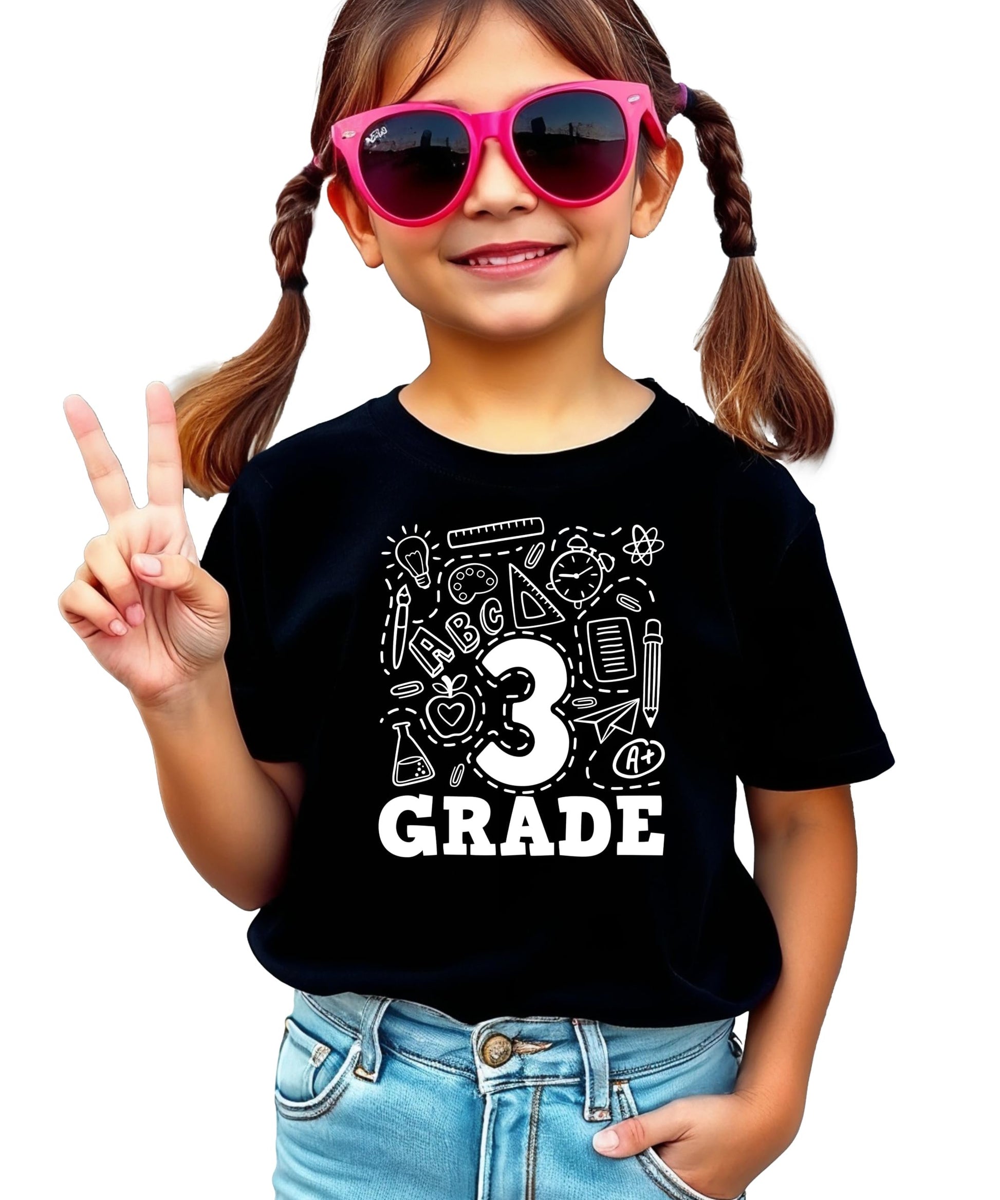 Close-up of third grade graphic print on mauve youth back to school tee