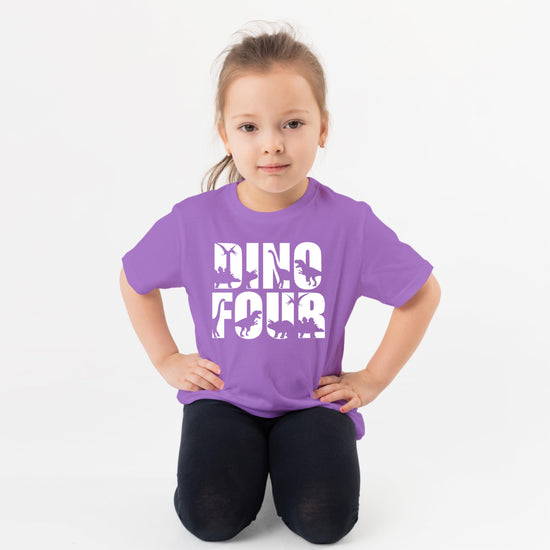 Detail shot of vintage-style Dino Four graphic on military green toddler birthday shirt