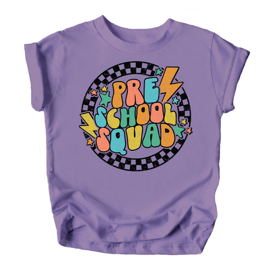 Close-up of preschool squad lightning bolt graphic print on kids t-shirt