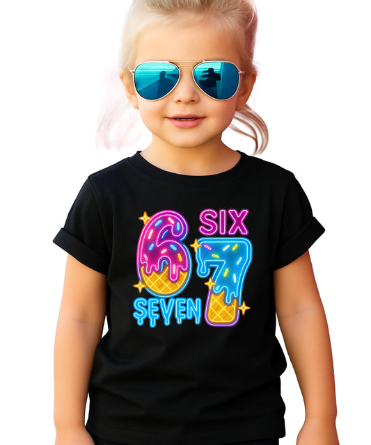 Girls black tee with neon pink and blue frosted donut and ice cream graphic for 6th or 7th birthday