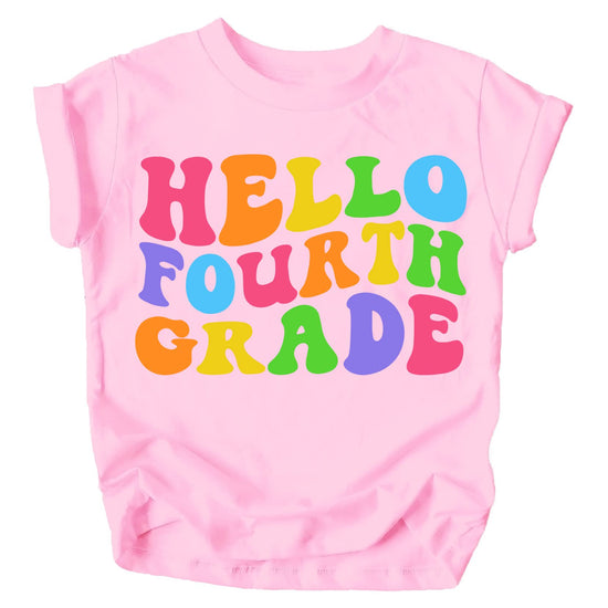 Hello 4th Grade kids tee styled for back to school photo, fun colorful wavy design