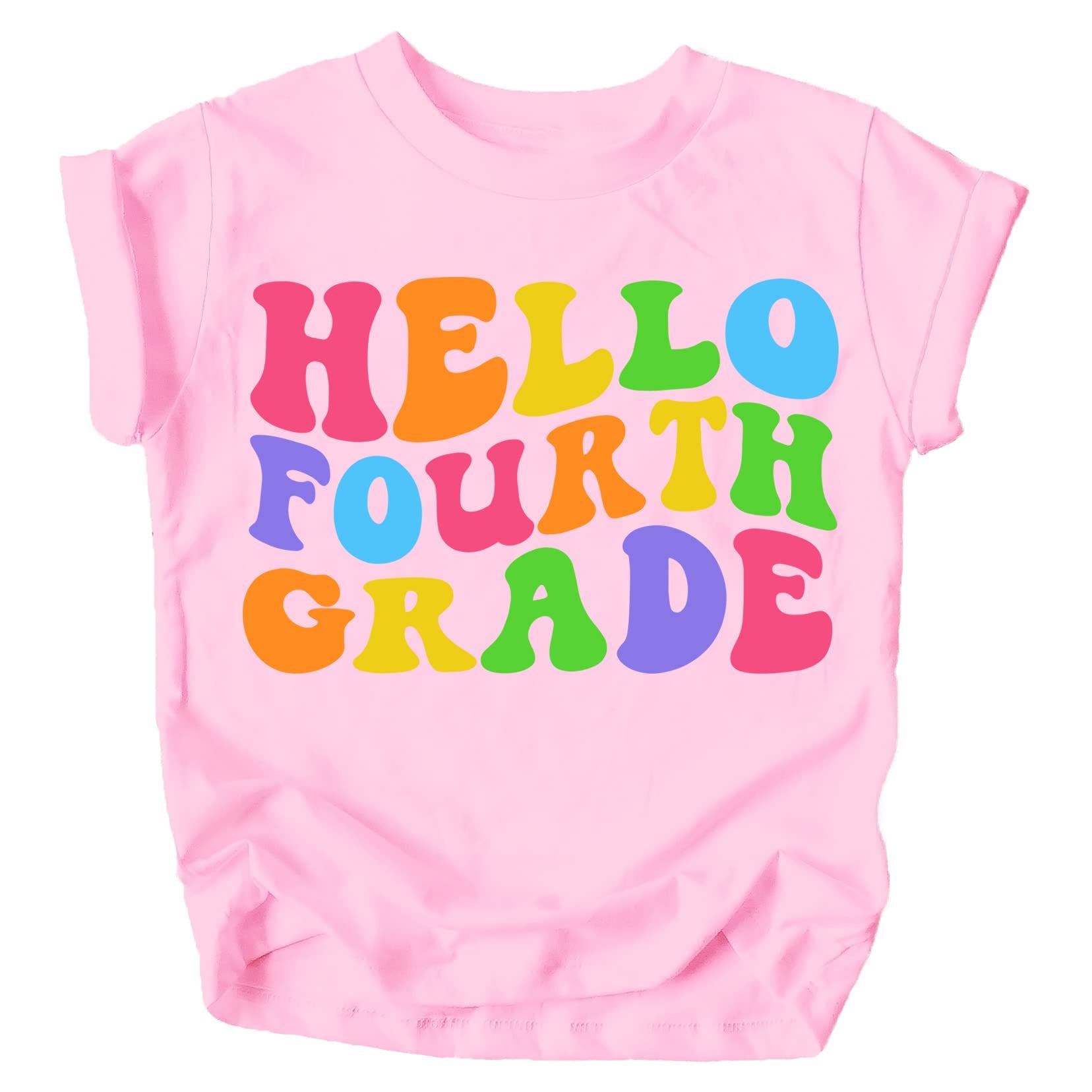 Hello 4th Grade kids tee styled for back to school photo, fun colorful wavy design