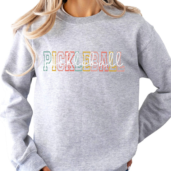 Retro colorful pickleball graphic crewneck sweatshirt in black, unisex adult pullover by Olive Loves Apple