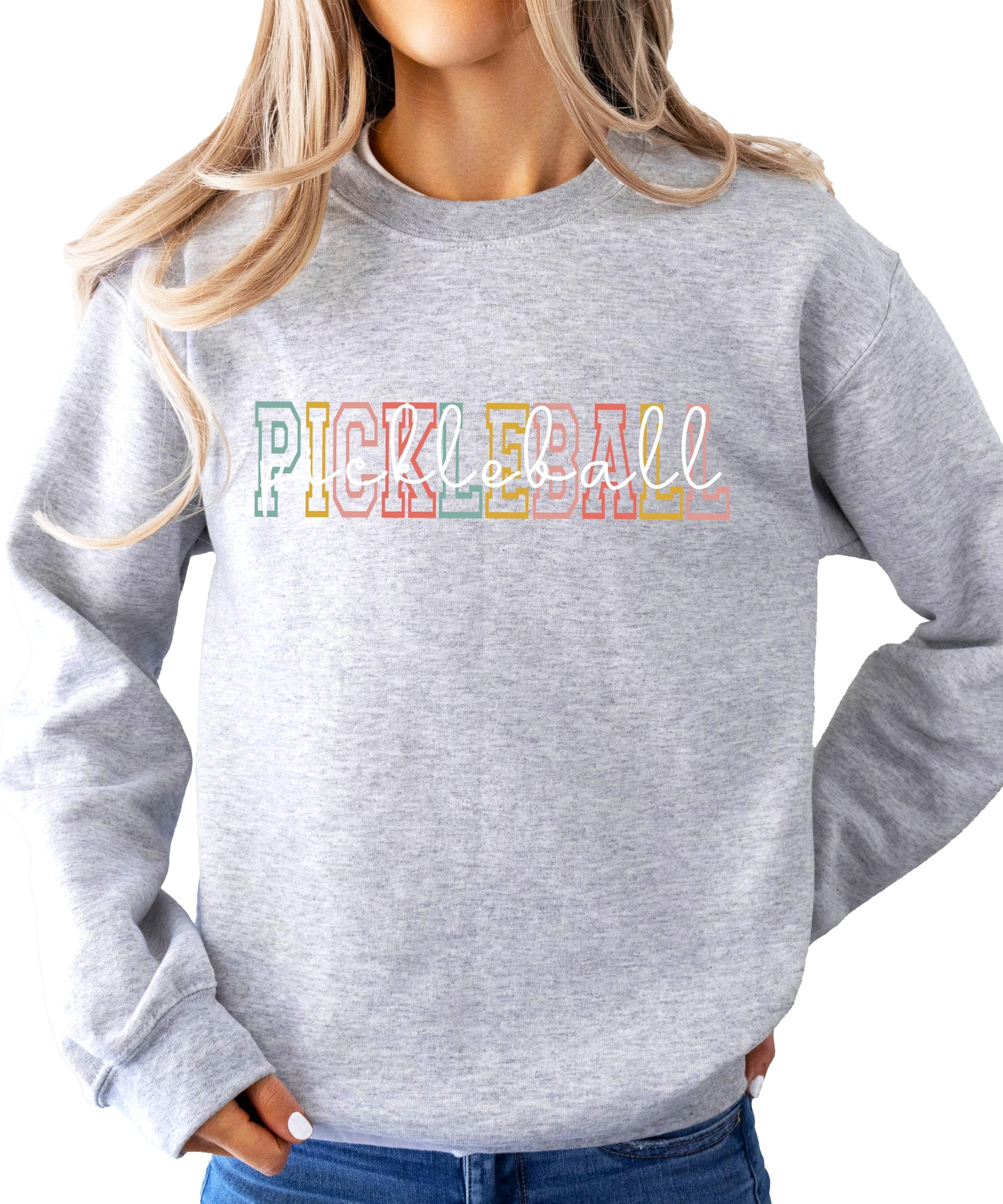 Retro colorful pickleball graphic crewneck sweatshirt in black, unisex adult pullover by Olive Loves Apple