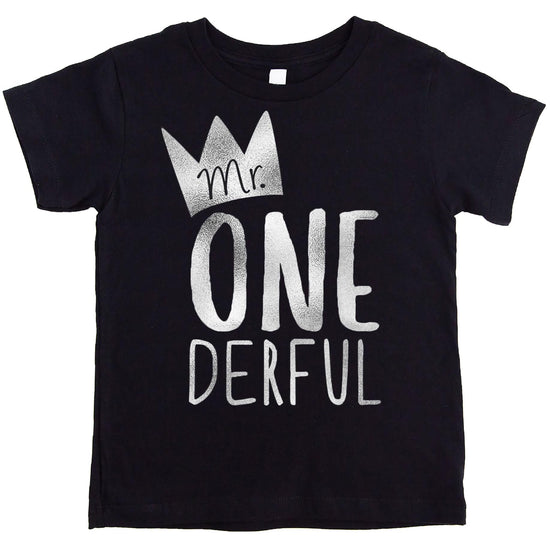 Baby boy wearing Mr. One-Derful 1st birthday tee with royal blue vintage design