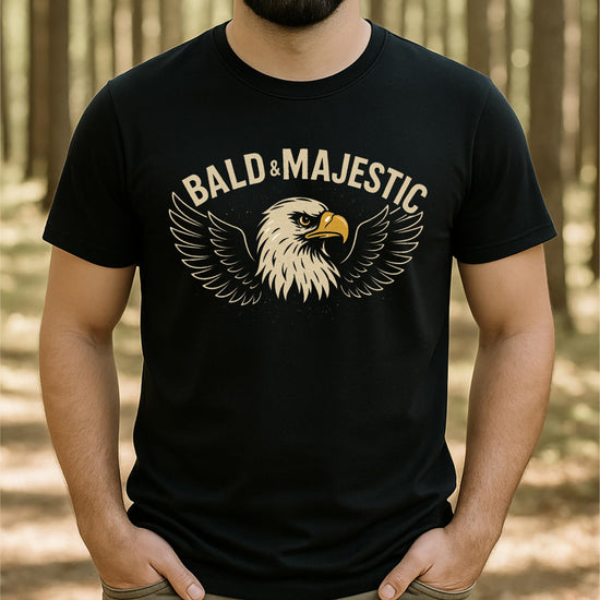 Lifestyle flat lay of Bald and Majestic funny men's graphic t-shirt with eagle design