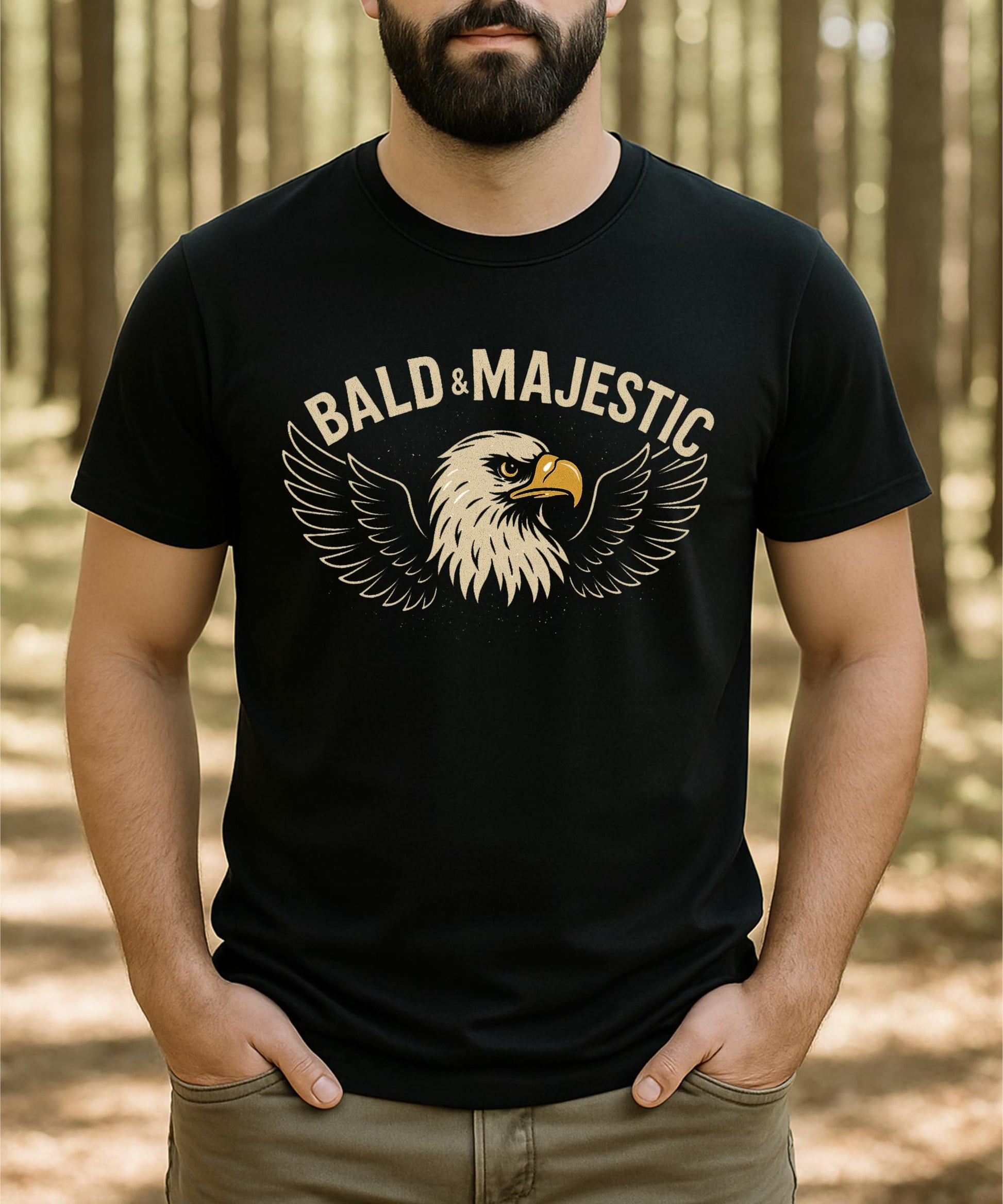 Lifestyle flat lay of Bald and Majestic funny men's graphic t-shirt with eagle design