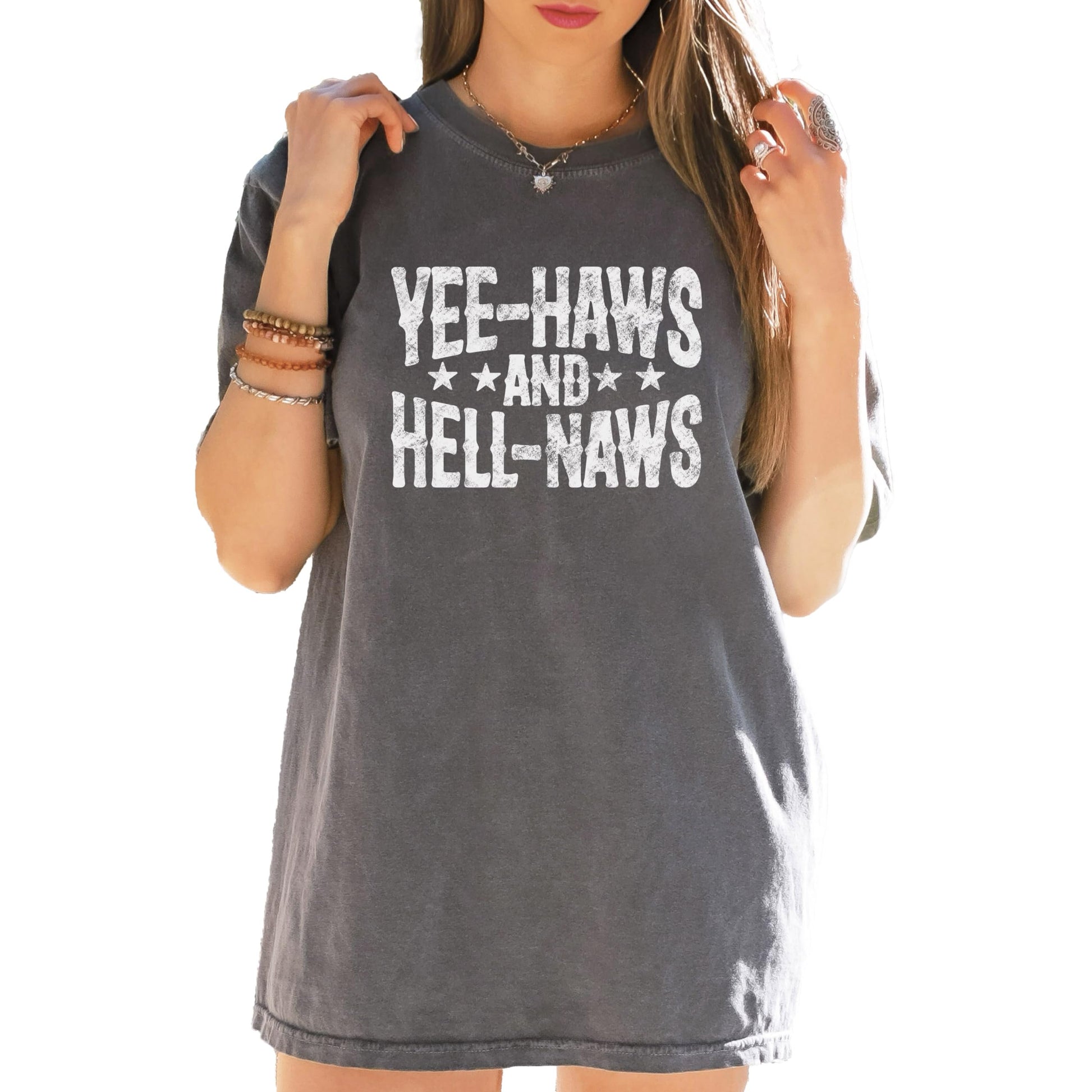 Back view of Yee-Haws and Hell-Naws women's graphic tee showing fit