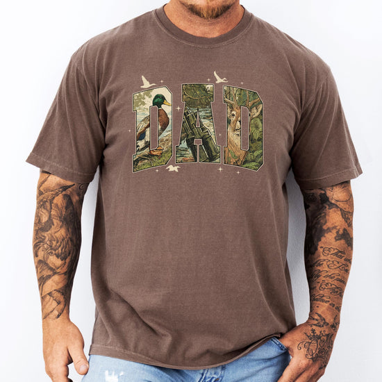 Detail shot of retro camo hunting graphic tee print quality and fabric texture