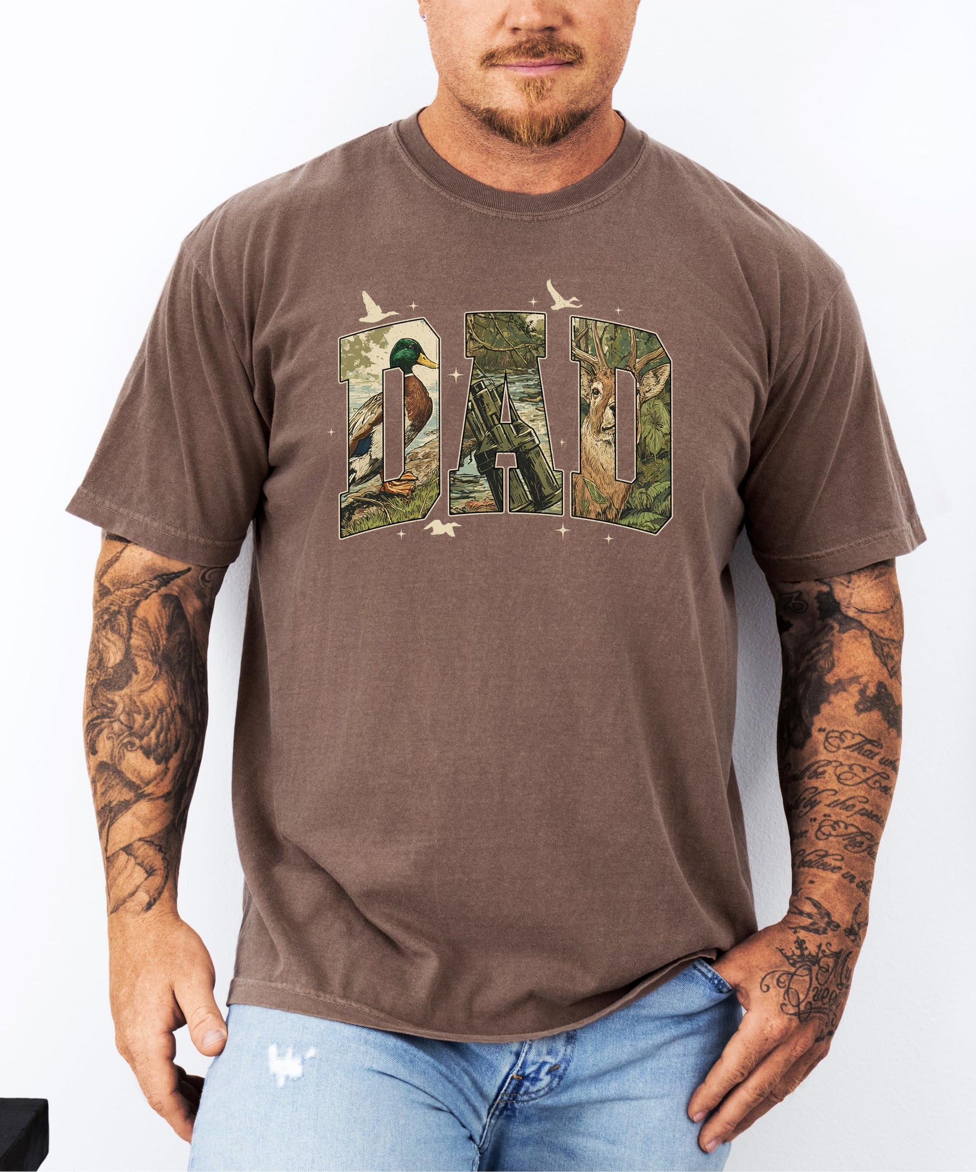 Detail shot of retro camo hunting graphic tee print quality and fabric texture