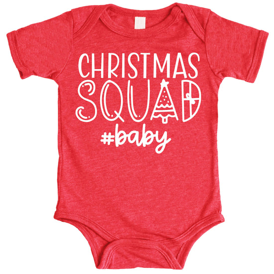 Model wearing Christmas Squad vintage red matching holiday graphic tee