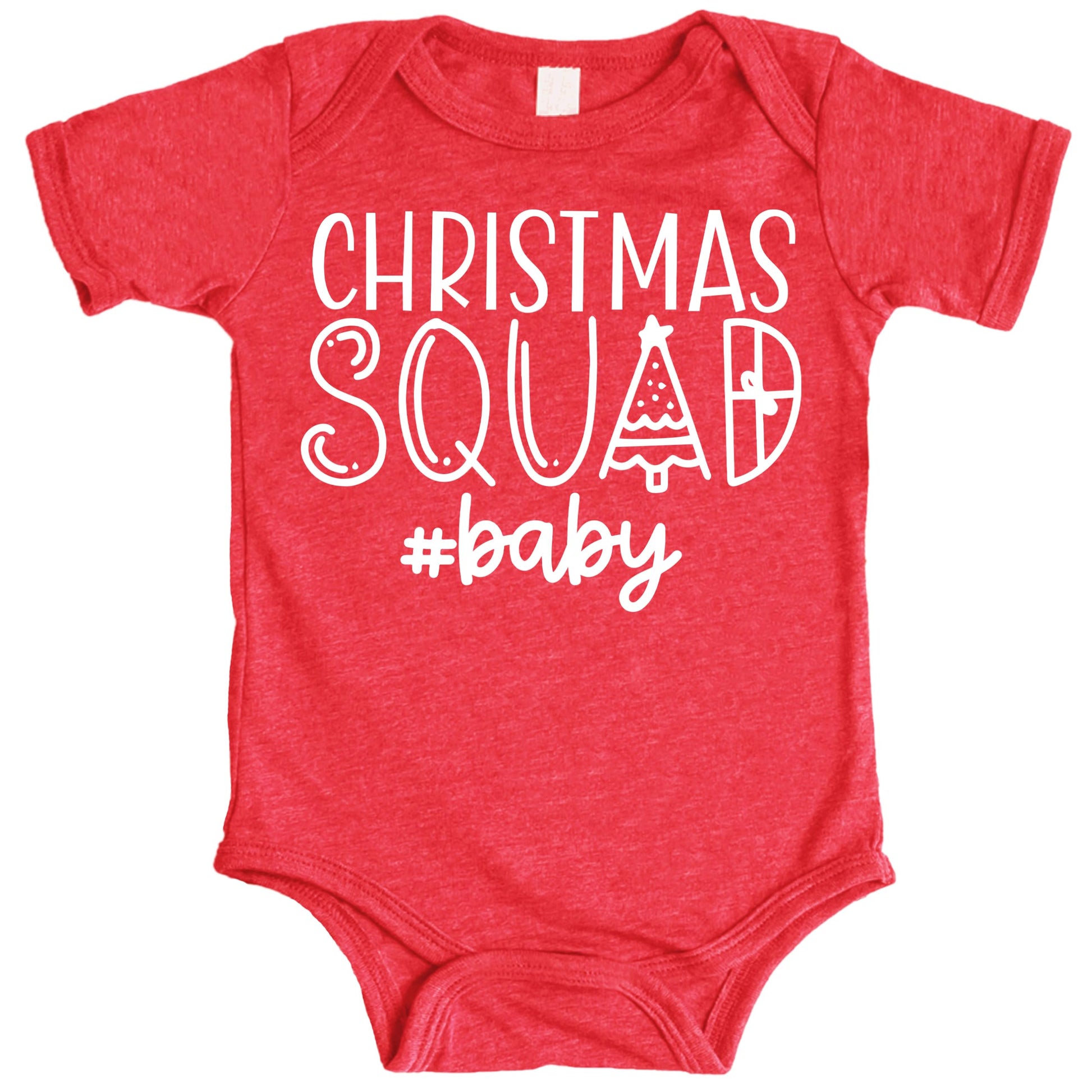Model wearing Christmas Squad vintage red matching holiday graphic tee