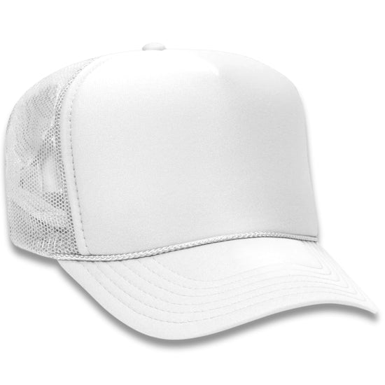 Trout fishing sunset trucker hat side view - all white mesh snapback with foam front