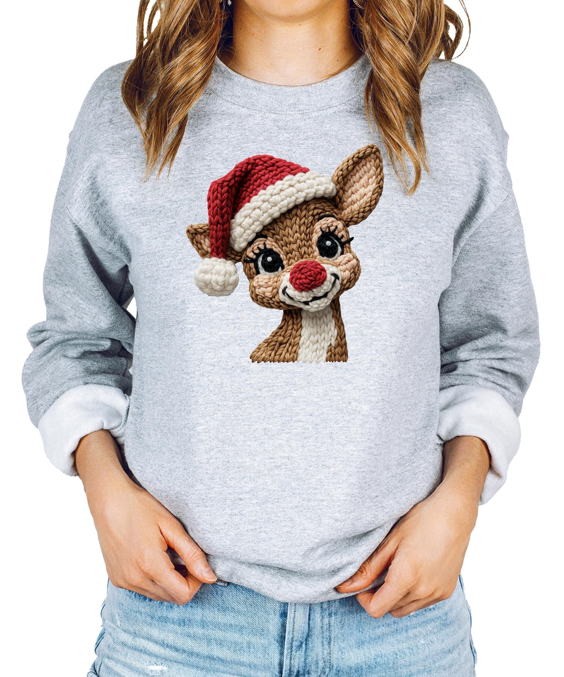 Full-length view of adult wearing a white Christmas reindeer graphic sweatshirt