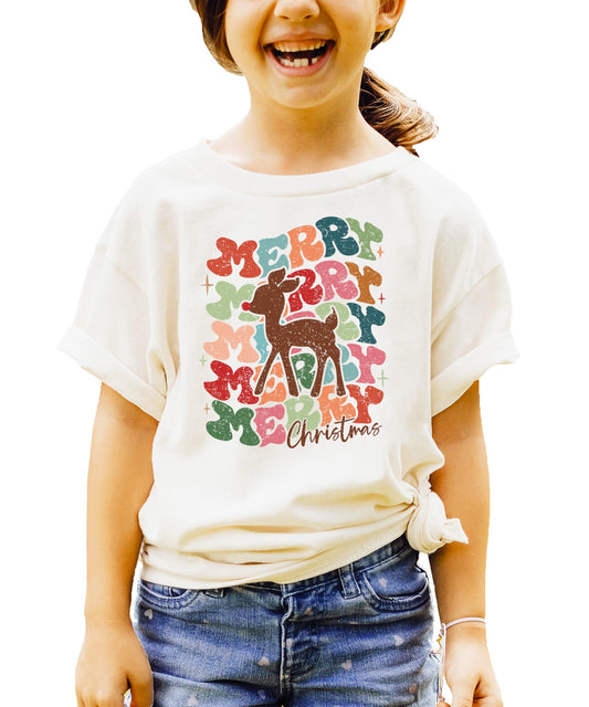 Merry Wavy Reindeer Groovy Kids and Adult Matching Christmas T-Shirts for Matching Family Fun Outfits