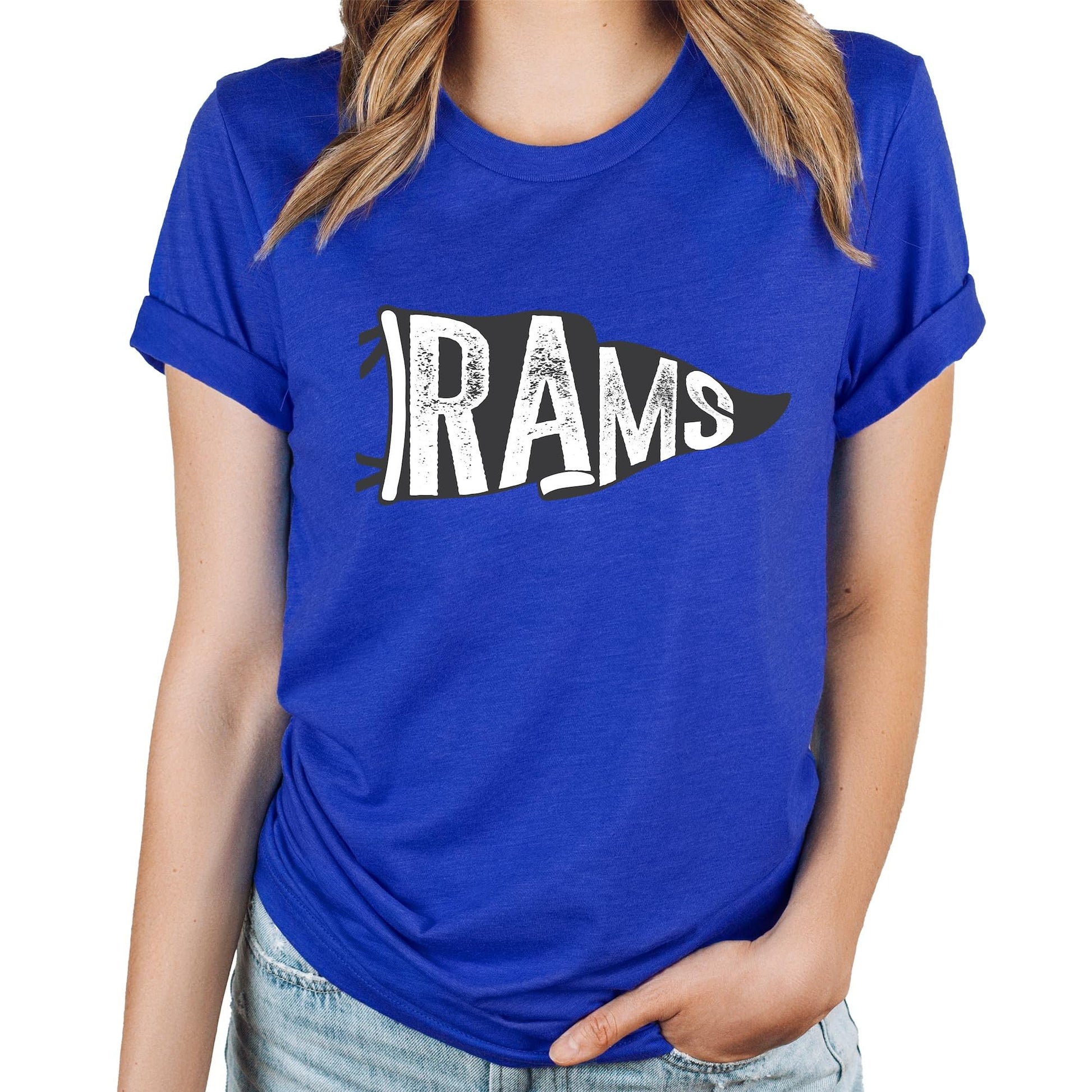 Close-up of Rams mascot game day graphic print on green unisex t-shirt