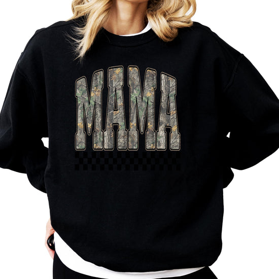 Detail shot of retro check accent and distressed camouflage graphic print on Mama sweatshirt