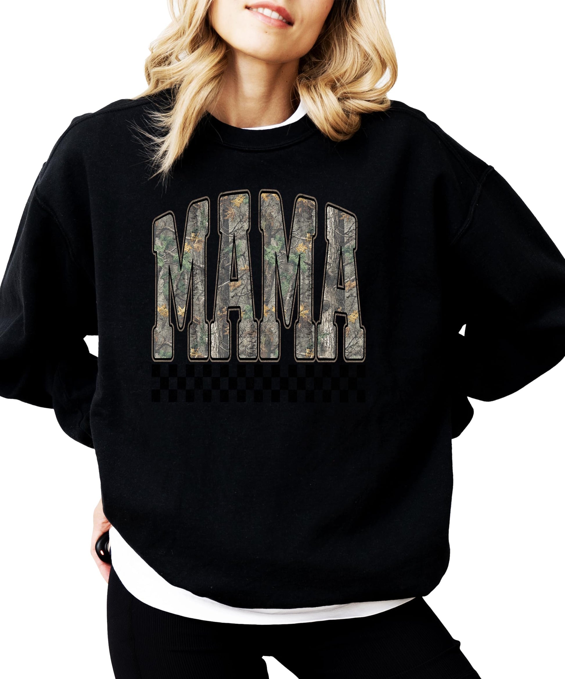 Detail shot of retro check accent and distressed camouflage graphic print on Mama sweatshirt