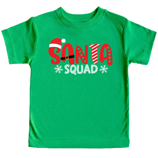 Santa Squad graphic kids Christmas tee in white print on mauve shirt for toddler and youth matching family outfits