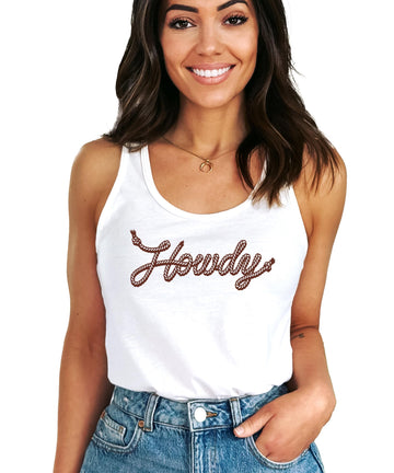 Howdy Rope Script Tank Top for Women and Teens Country Western Sleeveless Tee