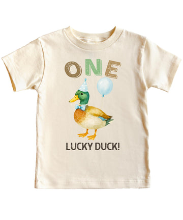 One Lucky Duck birthday shirt styled for a first birthday party celebration