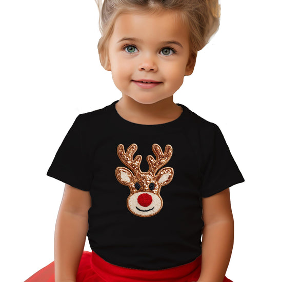 Black girls Christmas tee with ink-printed reindeer sequin-look graphic design on the front
