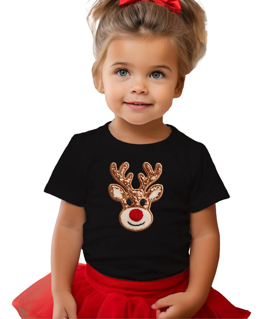 Black girls Christmas tee with ink-printed reindeer sequin-look graphic design on the front
