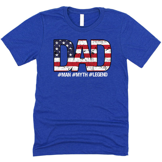 Flat lay of patriotic men's DAD t-shirt with red white and blue flag design