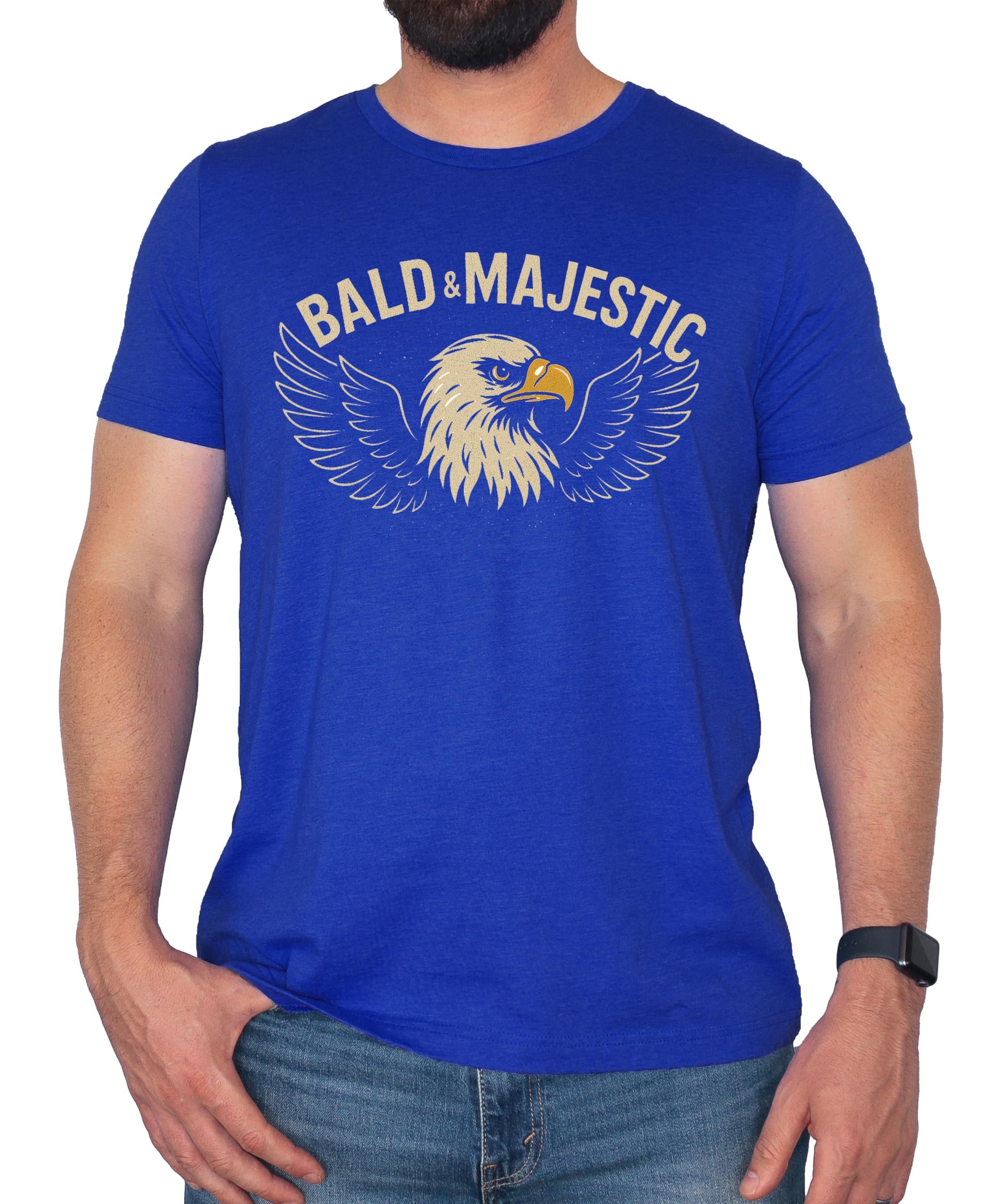 Detail shot of high-quality print on Bald and Majestic eagle dad joke men's tee
