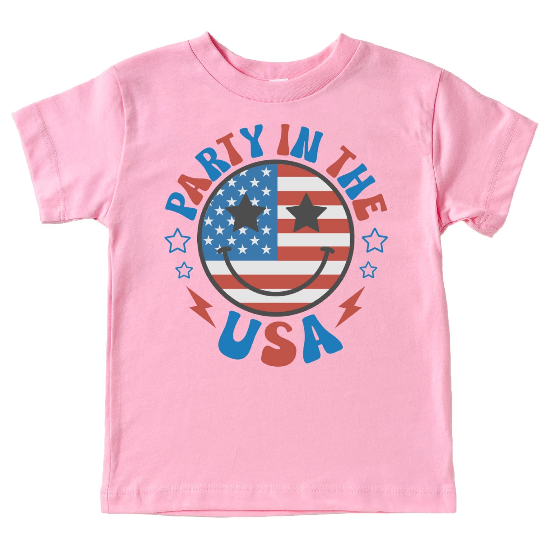 Close-up of Party in the USA graphic print on pink youth t-shirt