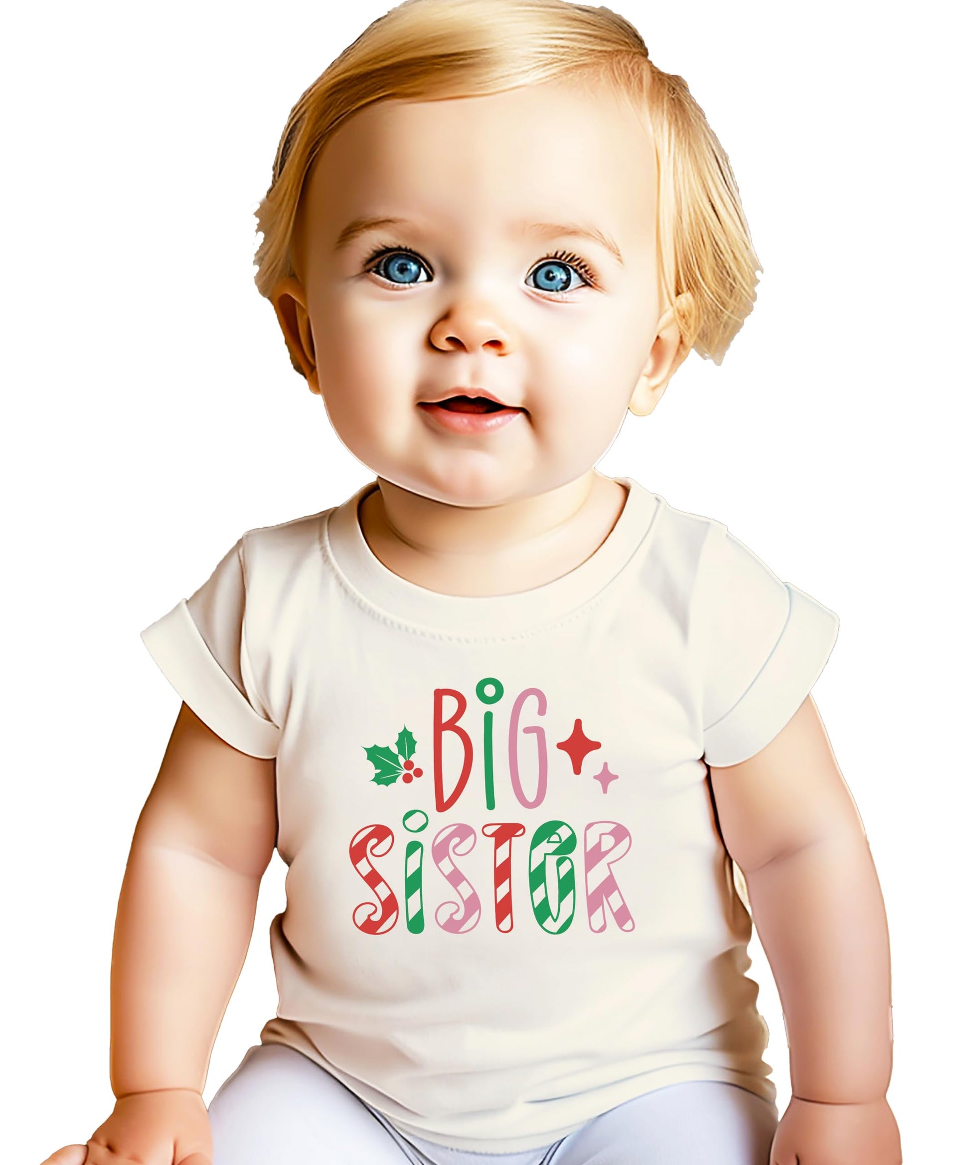 Close-up of candy cane stripe and holly graphic print on girls big sister holiday tee