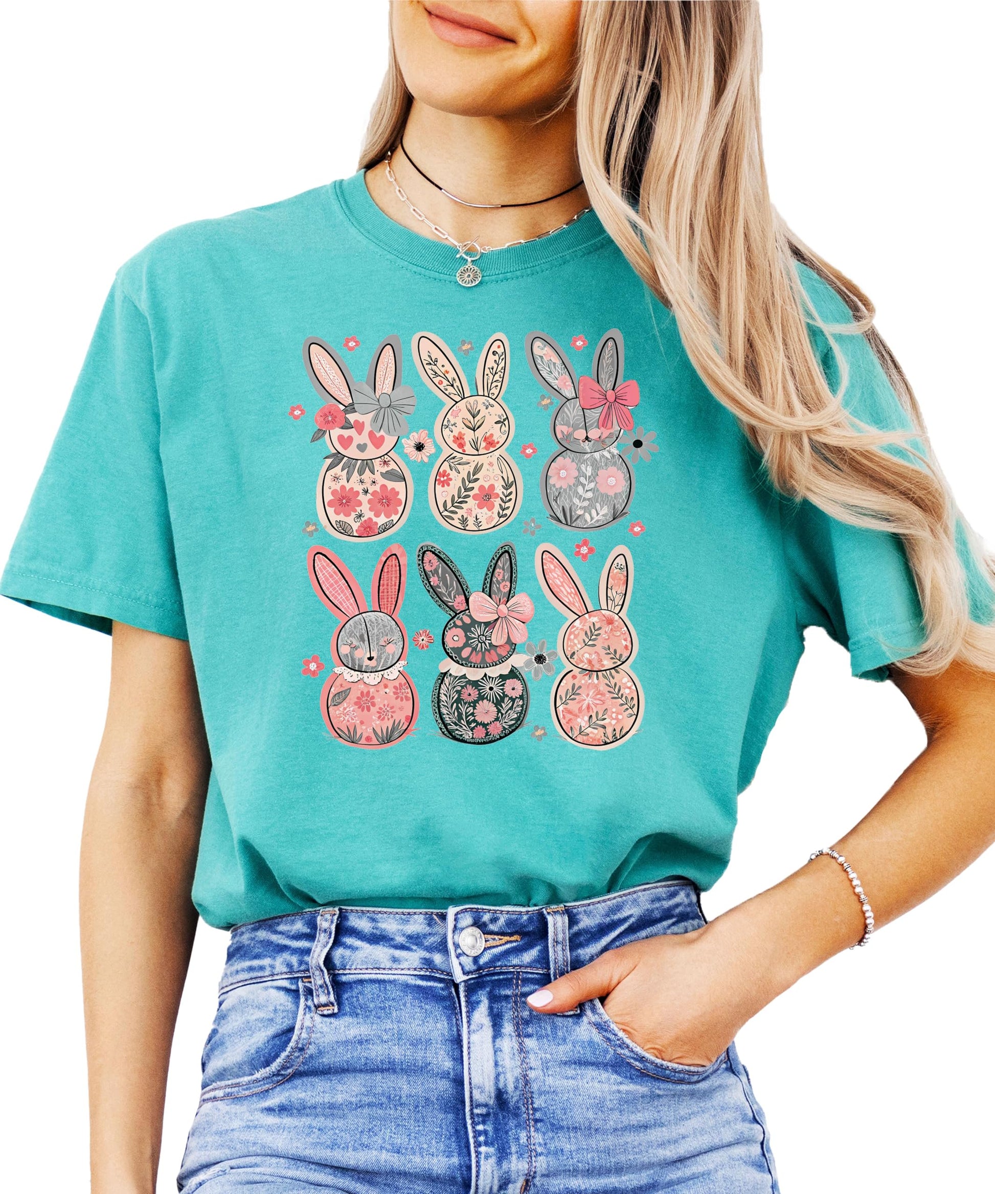Woman wearing ivory retro floral bunny Easter tee, casual spring style with coquette aesthetic