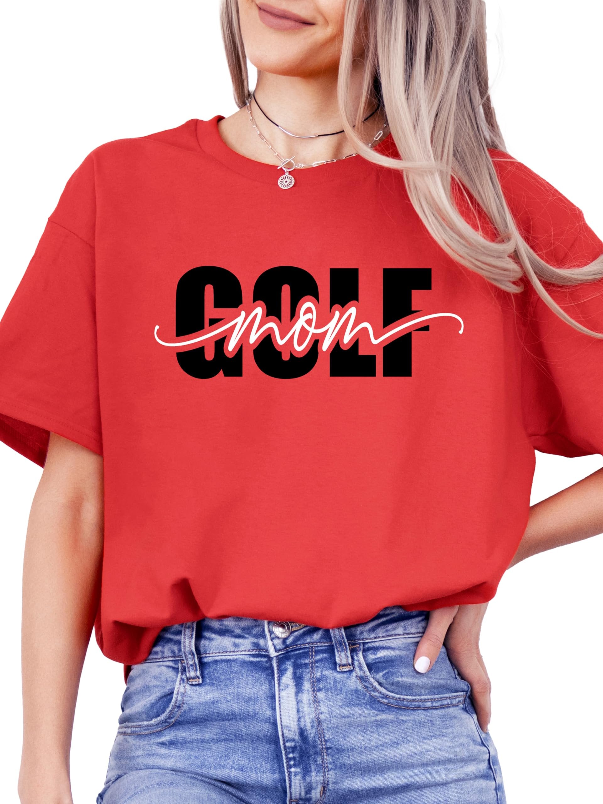 Golf Mom script text design on heather blue women's t-shirt front view