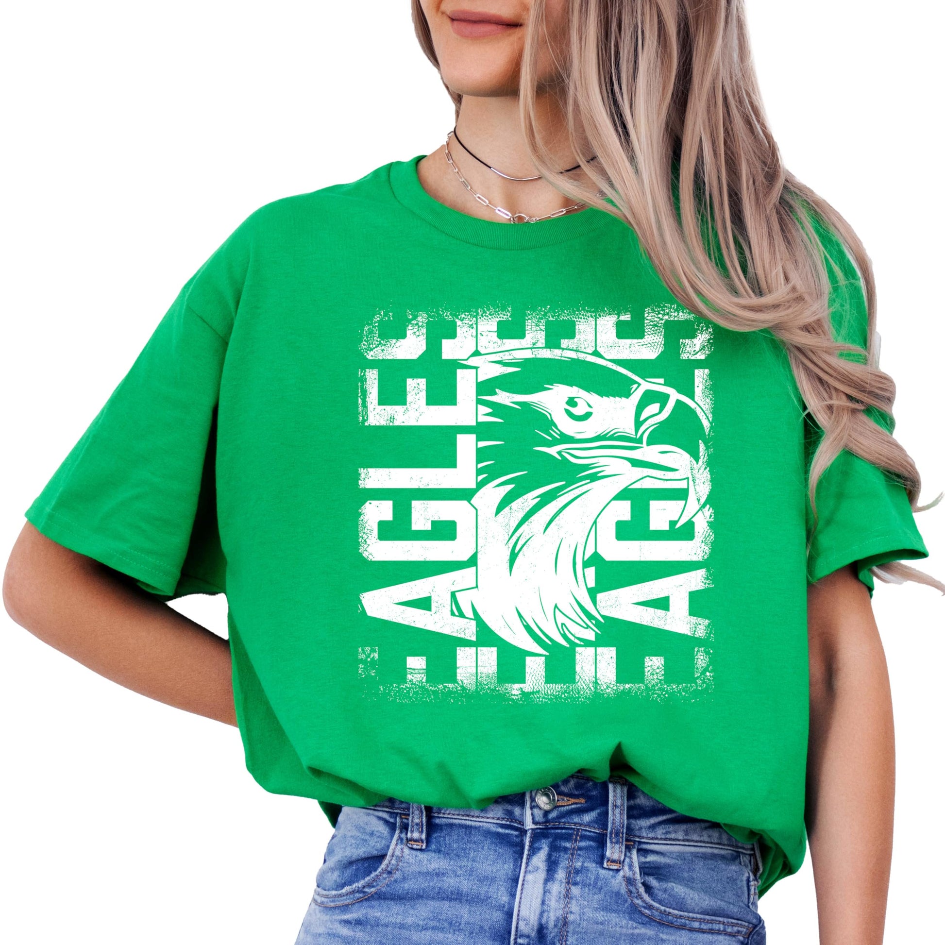 Vintage green Eagles graphic t-shirt for game day school spirit worn by adult model