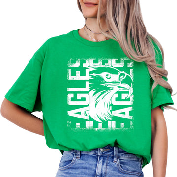 Vintage green Eagles graphic t-shirt for game day school spirit worn by adult model