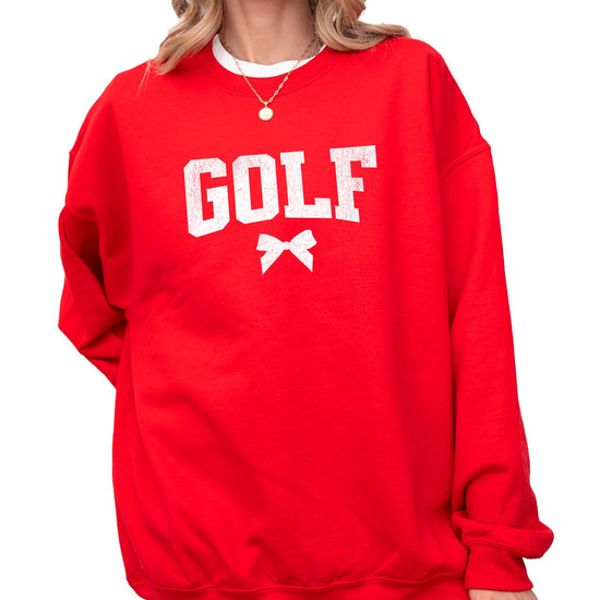 Flat lay of red coquette bow golf sweatshirt showing full front graphic design