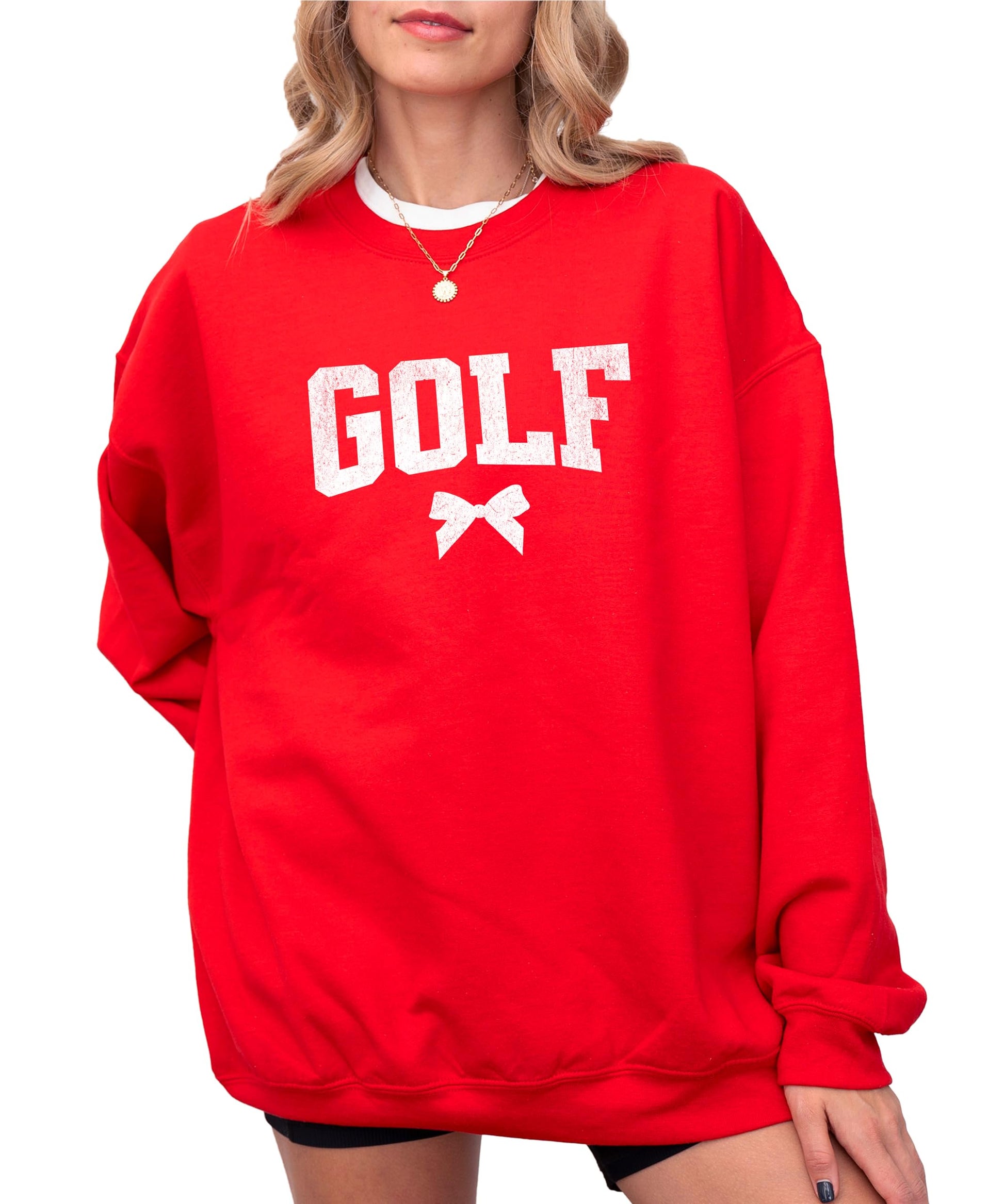 Flat lay of red coquette bow golf sweatshirt showing full front graphic design