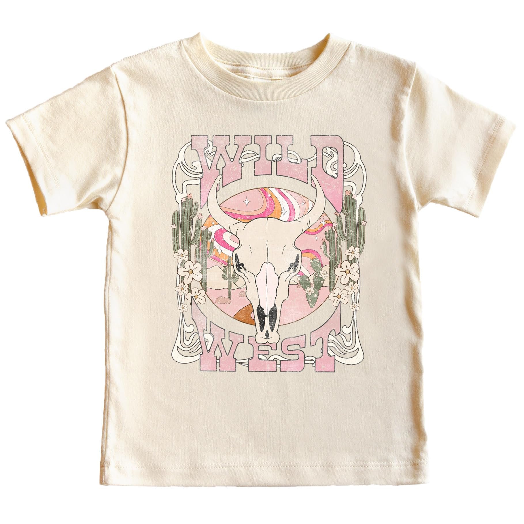 Olive Loves Apple pink desert cowgirl graphic tee for toddlers and girls with steer skull and cactus design on natural shirt