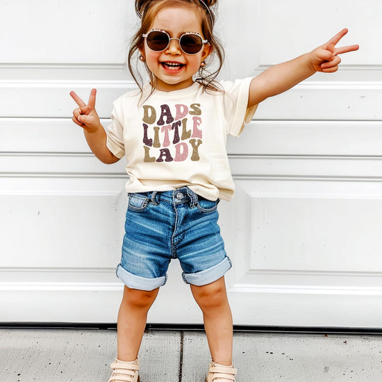 Youth size Dad's Little Lady distressed graphic tee showing retro-inspired font detail