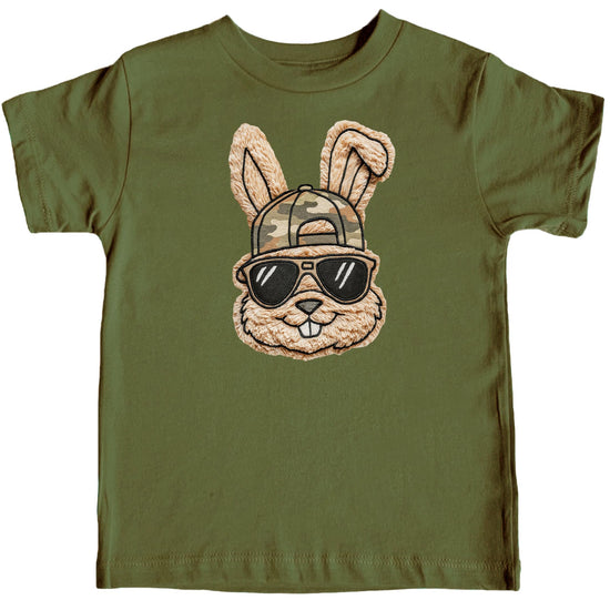 Men's casual Easter graphic tee featuring cool rabbit with camo hat and shades