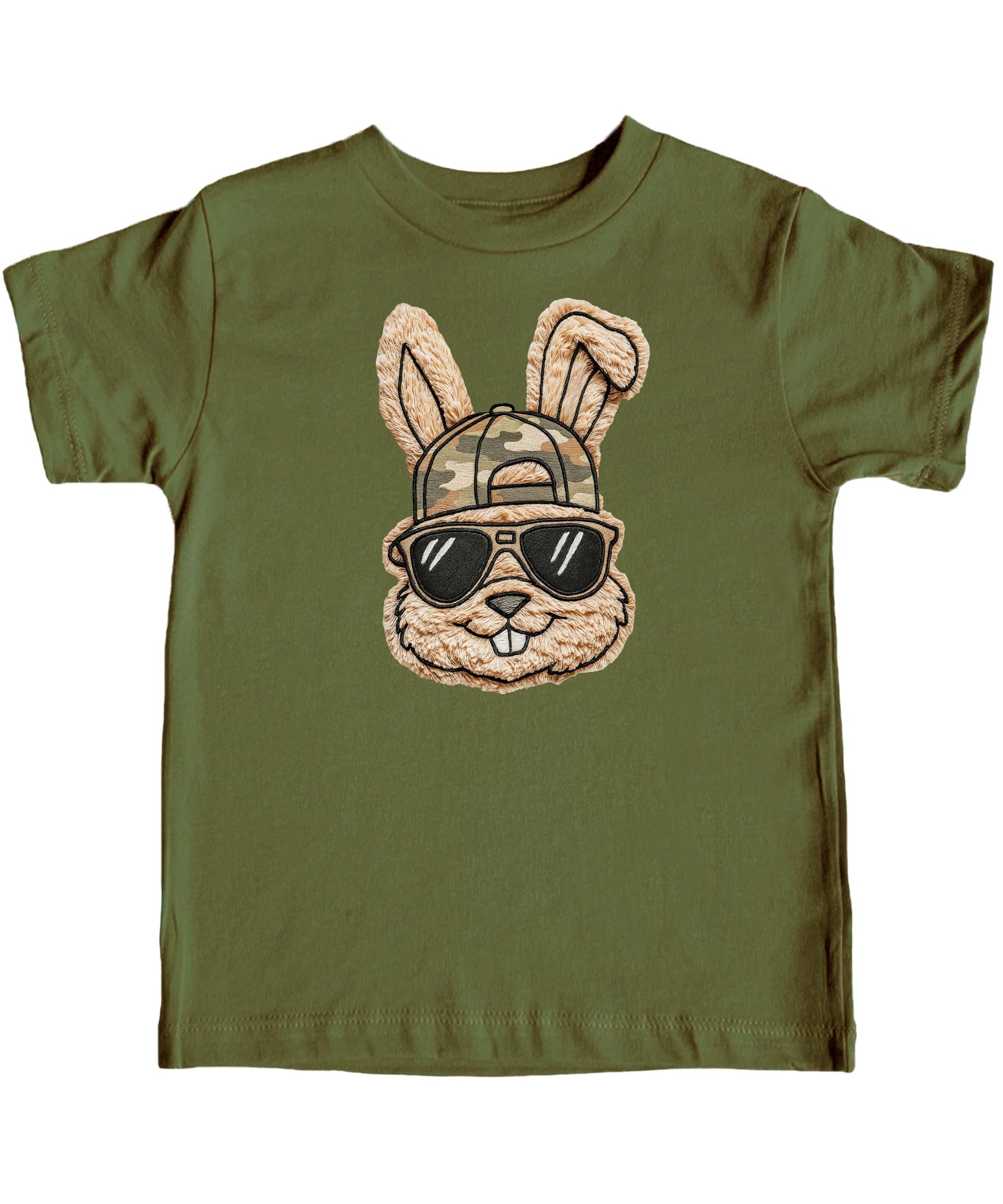 Men's casual Easter graphic tee featuring cool rabbit with camo hat and shades