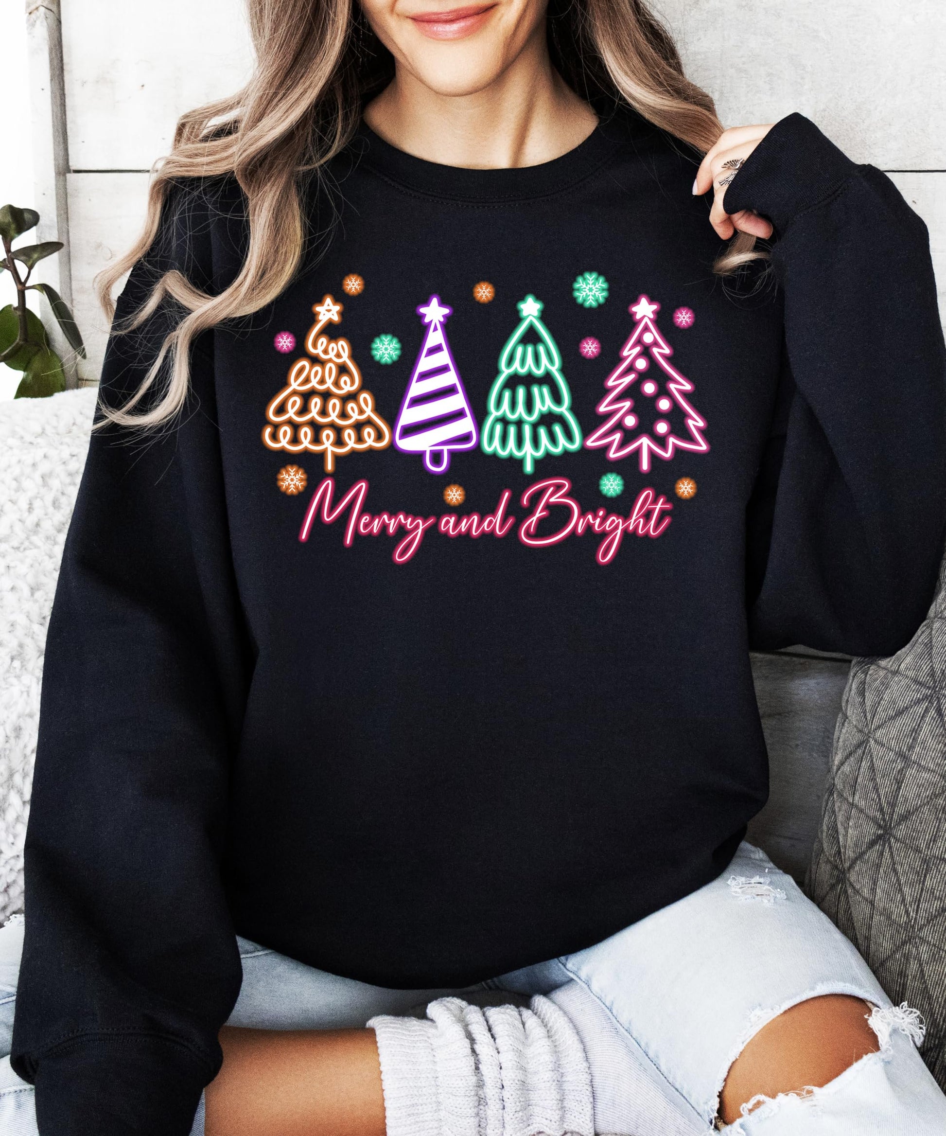 Festive black Christmas pullover sweatshirt with electric neon tree print for women and teens