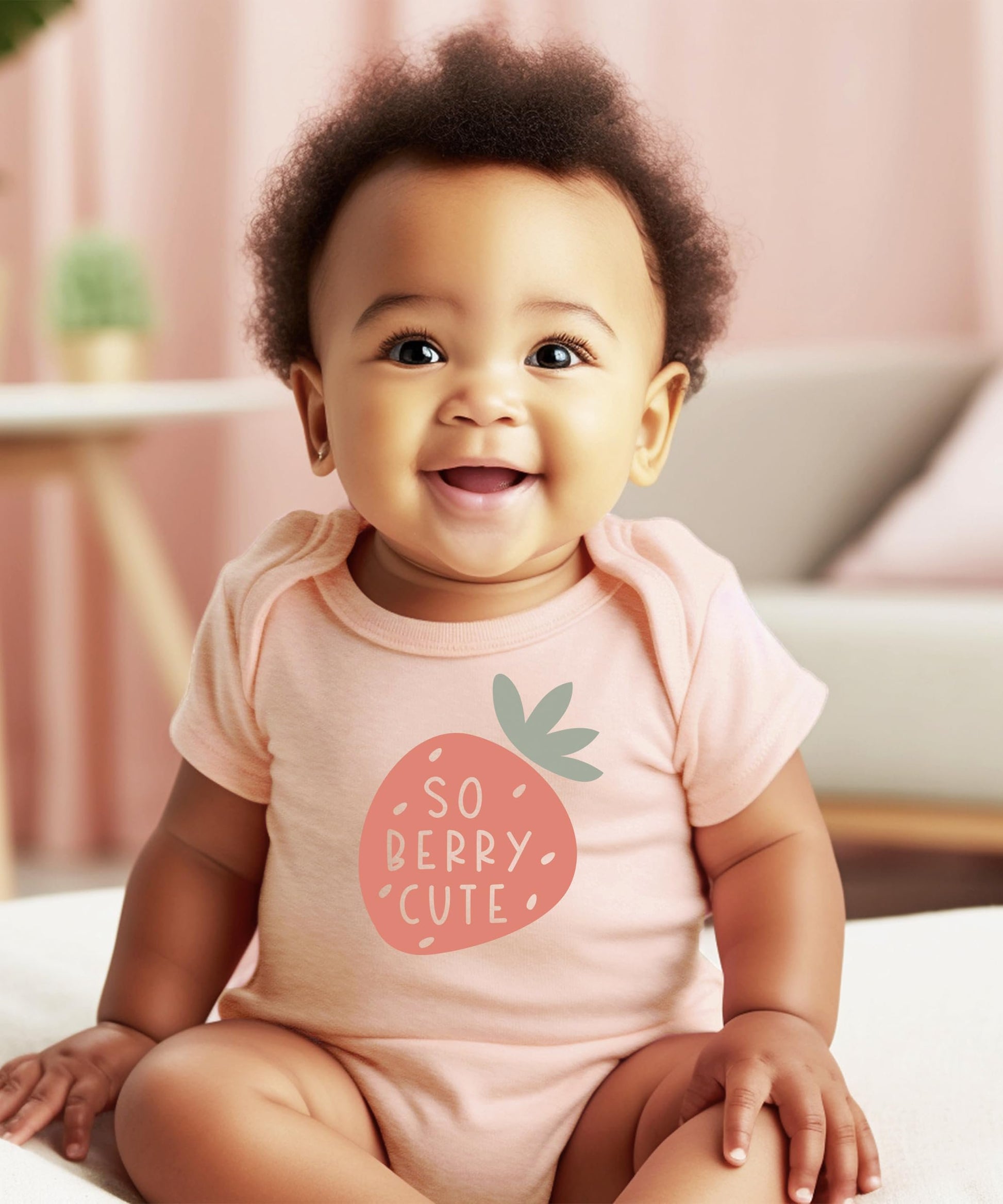 So Berry Cute baby bodysuit displayed to show fit and snap closure at bottom