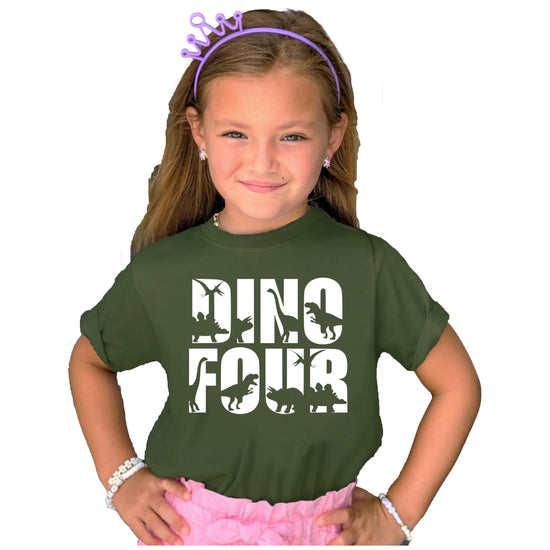 Dino Four birthday toddler shirt styled for a dinosaur birthday party