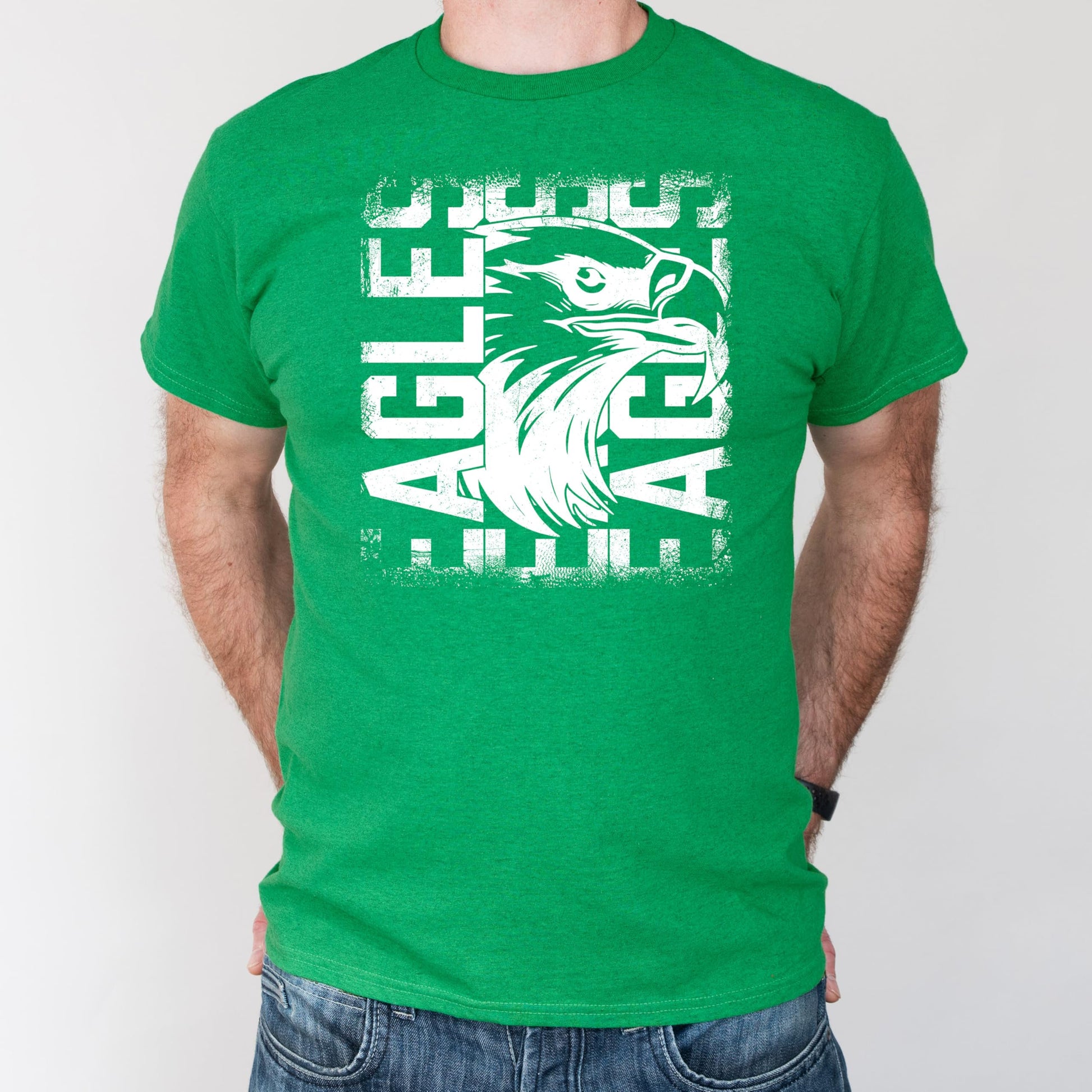 Back view of Eagles school spirit graphic tee in vintage green adult unisex fit