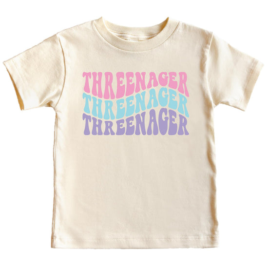 Groovy Threenager 3rd birthday shirt for toddler girls in natural color with retro rainbow design