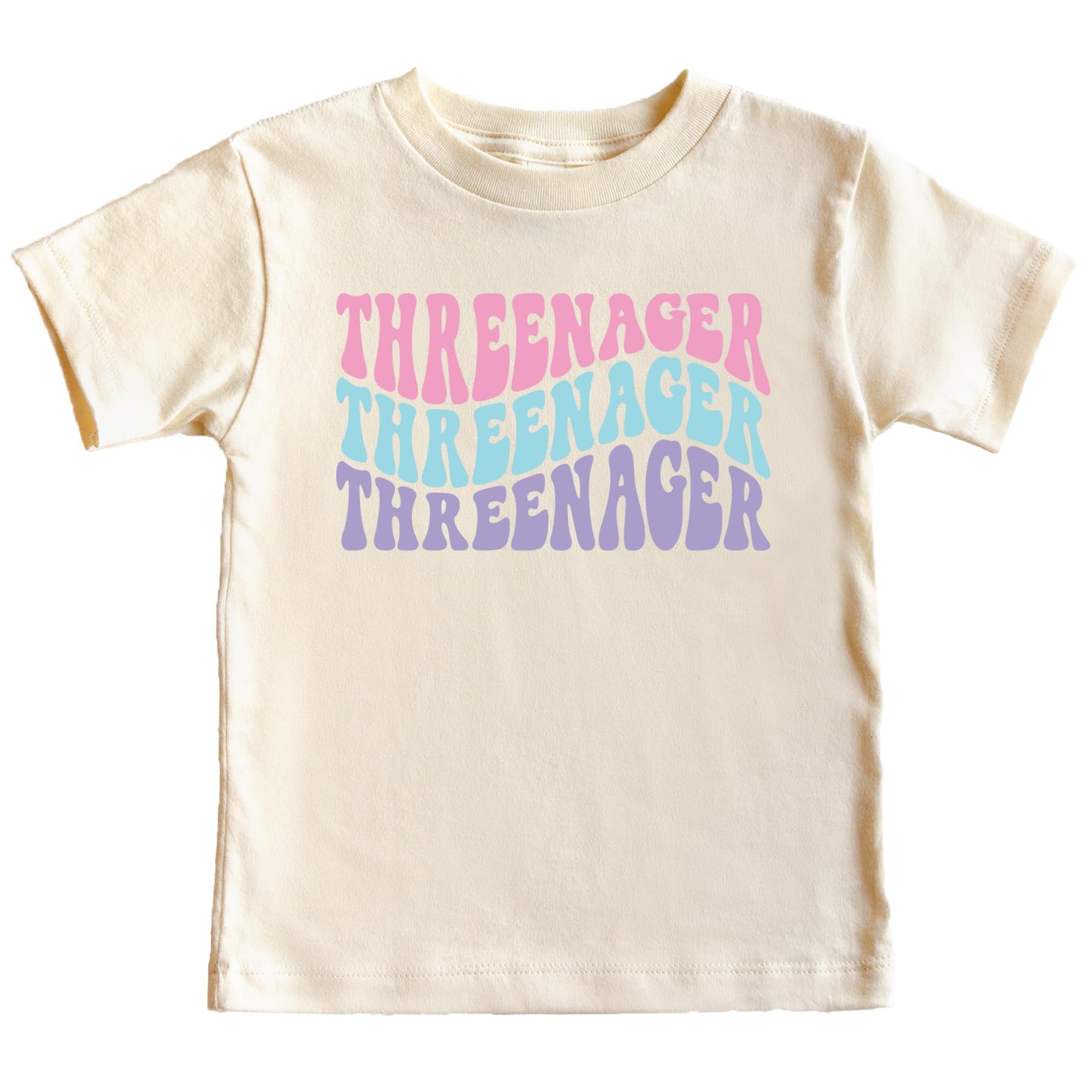 Groovy Threenager 3rd birthday shirt for toddler girls in natural color with retro rainbow design