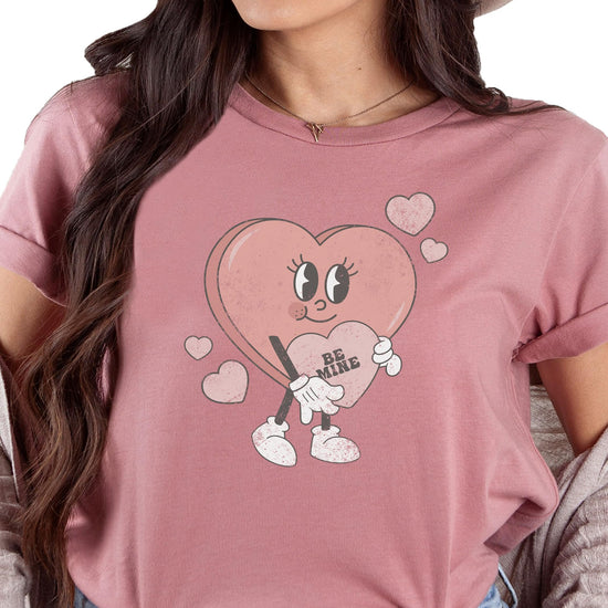 Pink Be Mine Valentine's Day shirt laid flat showing full graphic design